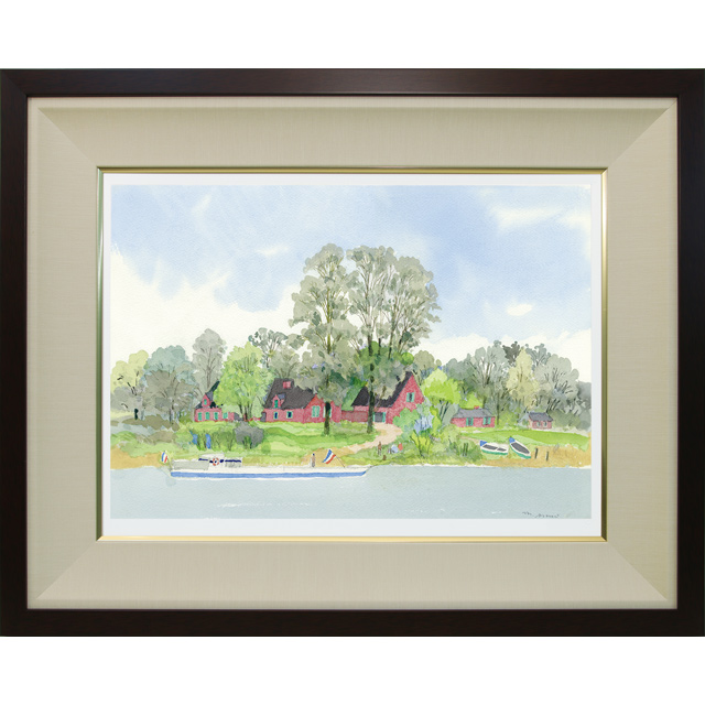 風景 水彩画 サイン入り　安野光雅　リトグラフ 安野光雅版画『風景と出会い』オランダの運河＜額縁入り＞ | 健康食品